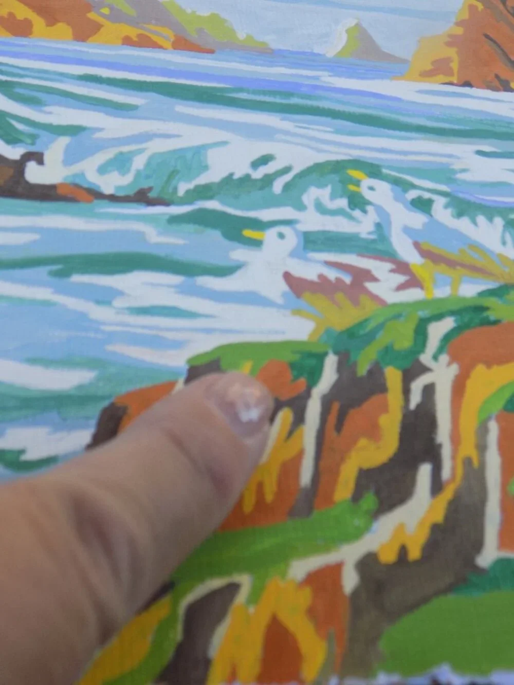 PAINTING Lighthouse Ocean Eagle Rocks, Seagulls, Vintage Home Decor *